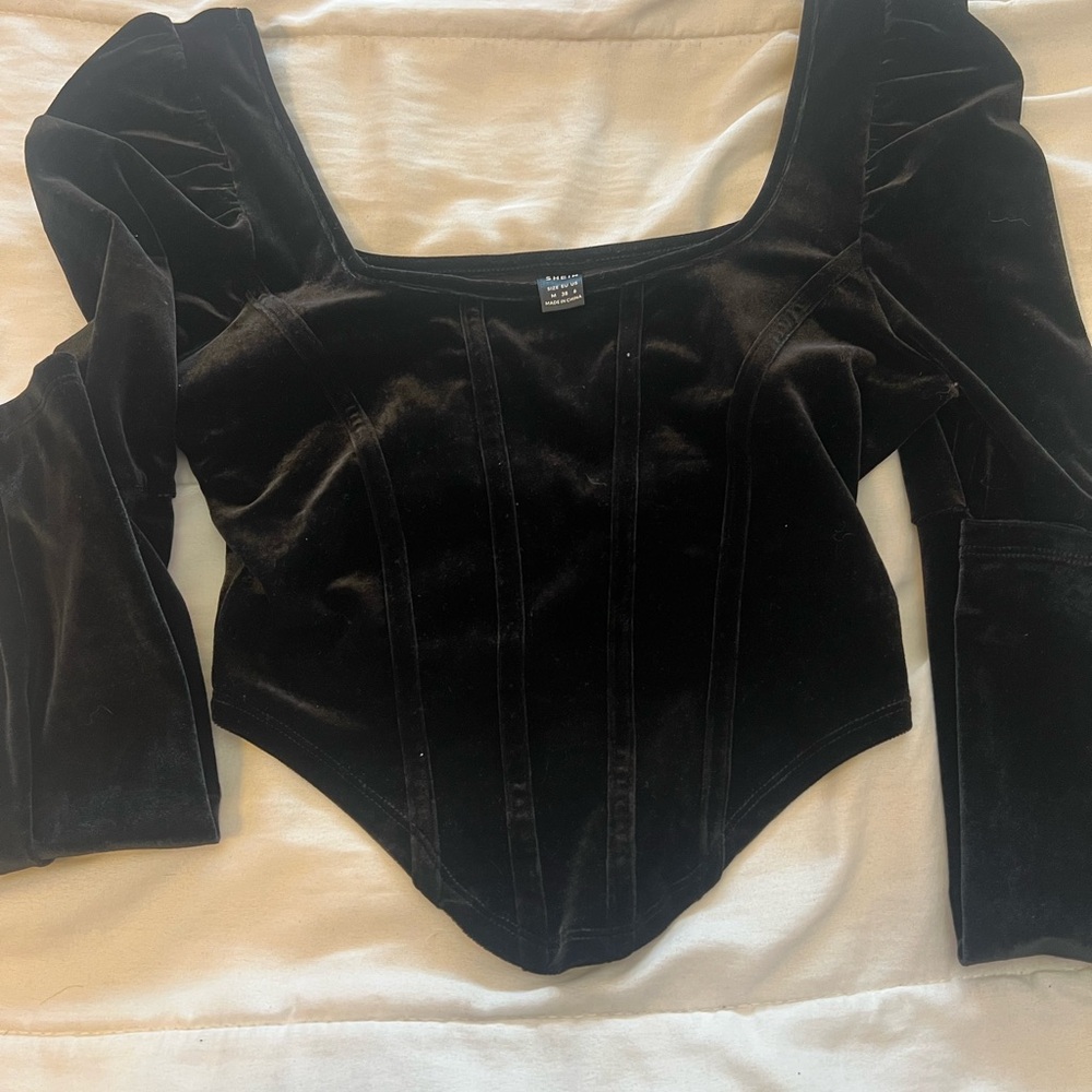 SHEIN Black Velvet Puff Sleeve Blouse